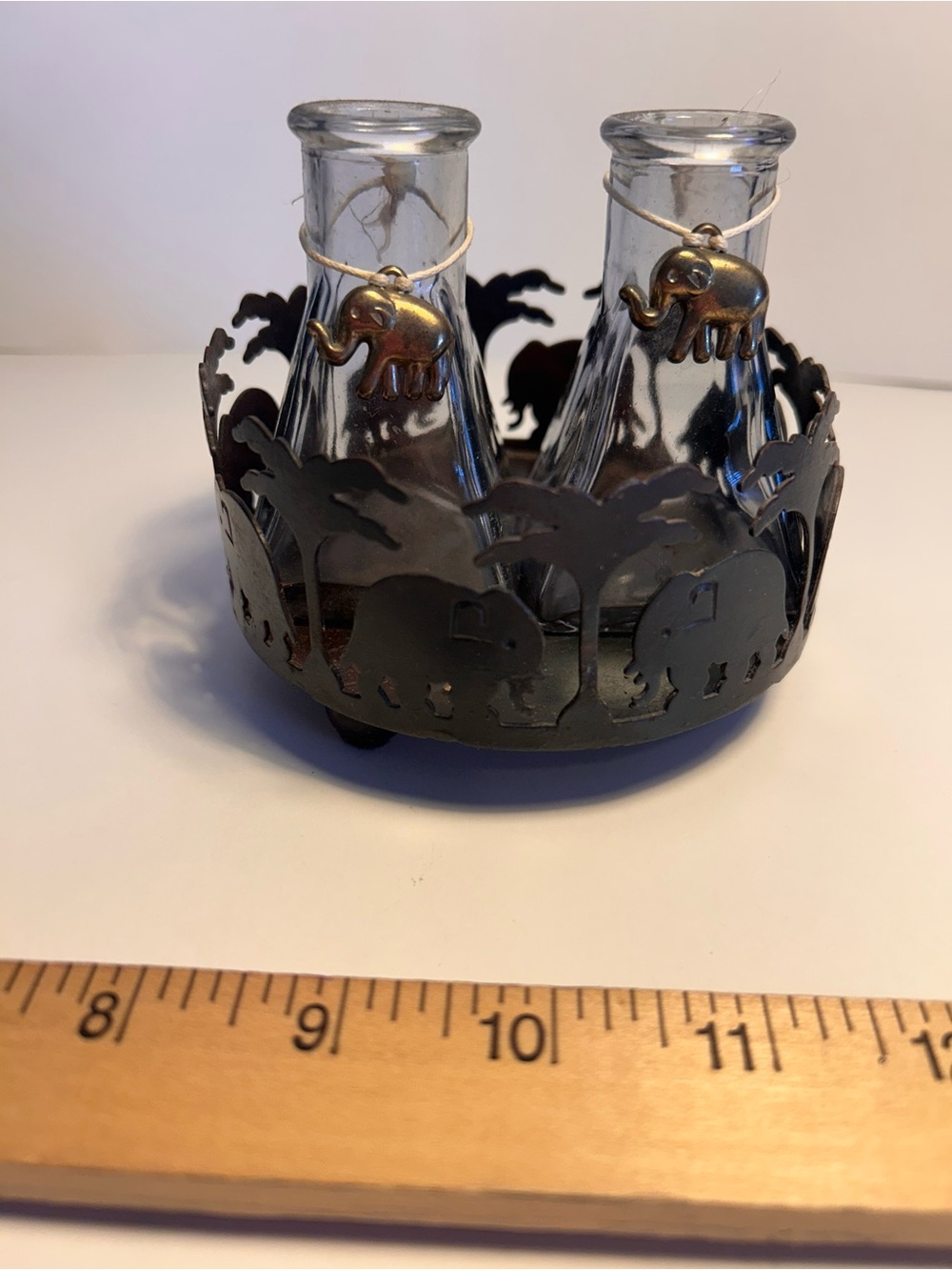 BrassElephant-Themed Glass curet/ diffuser Set with Metal Holder